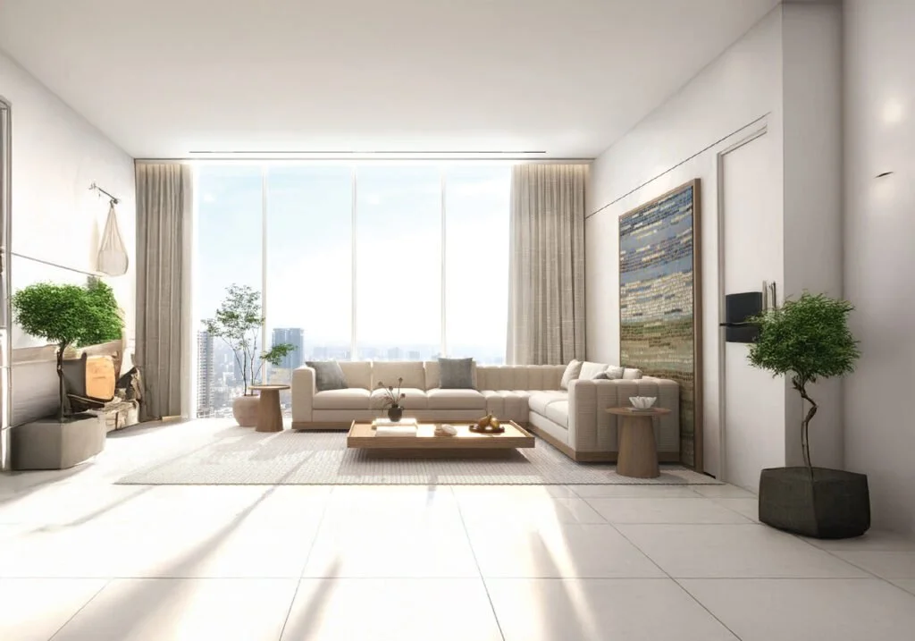 Living room with floor-to-ceiling windows at Candeur Eternia, Bachupally, Hyderabad