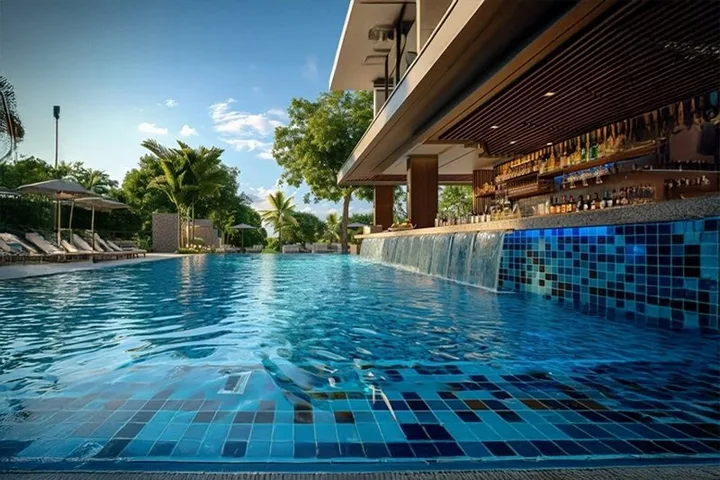 Poolside bar and pool deck at Candeur Eternia, Bachupally, Hyderabad Poolside bar and pool deck at Candeur Eternia, Bachupally, Hyderabad