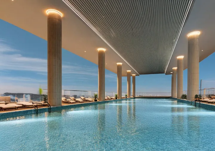 Rooftop swimming pool with colonnade at Candeur Eternia, Bachupally, Hyderabad Rooftop swimming pool with colonnade at Candeur Eternia, Bachupally, Hyderabad
